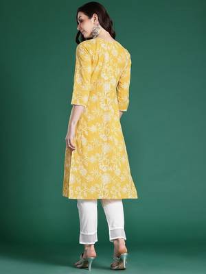 Yellow women floral embroidered thread work kurta 5