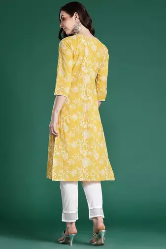Yellow women floral embroidered thread work kurta