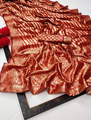 Red art silk printed saree with stripes print 2