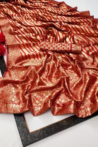 Red art silk printed saree with stripes print