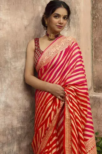 Red art silk printed saree with stripes print