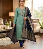 Sky blue color designer simmer butti fabric ceremonial partywear suit