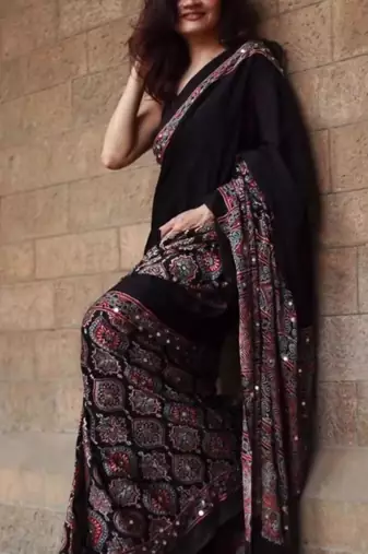 Wine crepe embroidered saree with mirror work