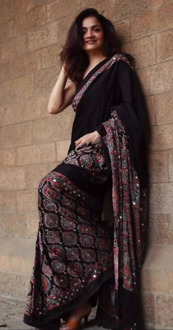 Wine crepe embroidered saree with mirror work