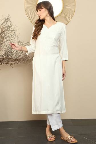 White ethnic motifs  embroidered straight kurtas