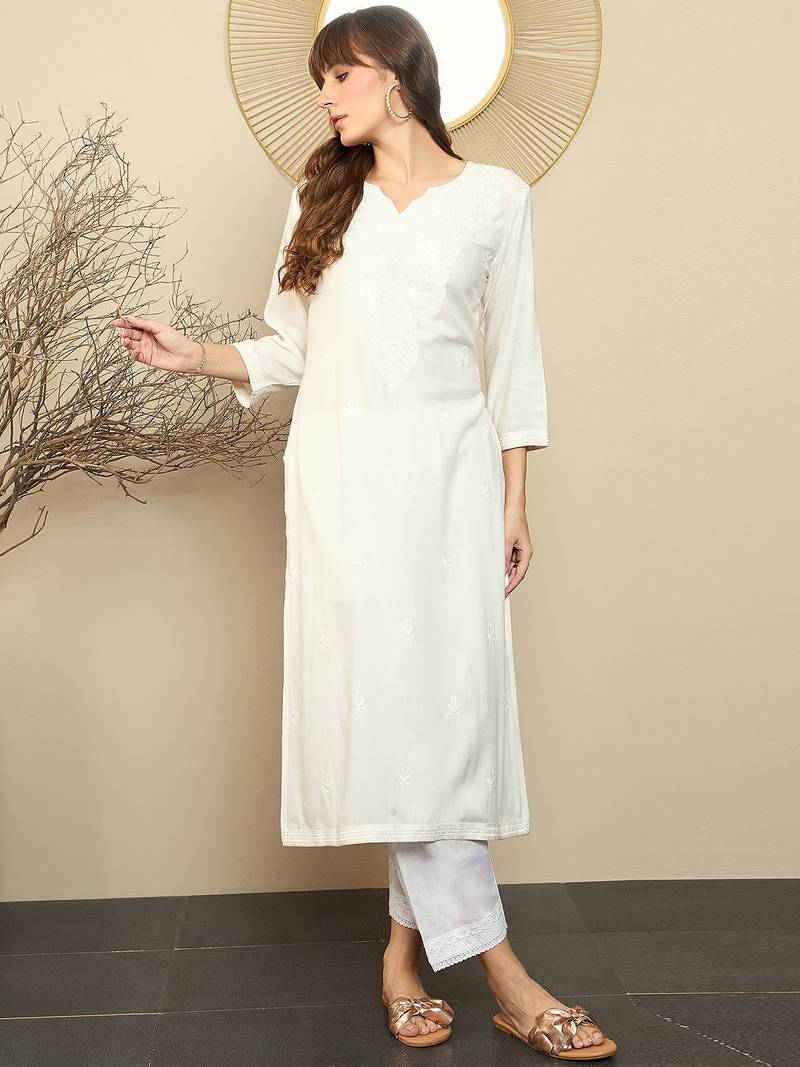 White ethnic motifs  embroidered straight kurtas