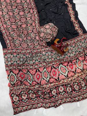 Wine crepe embroidered saree with mirror work 2