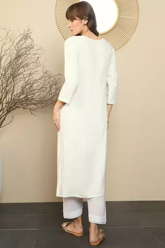 White ethnic motifs  embroidered straight kurtas