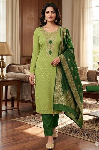Pista color designer simmer butti fabric ceremonial partywear suit