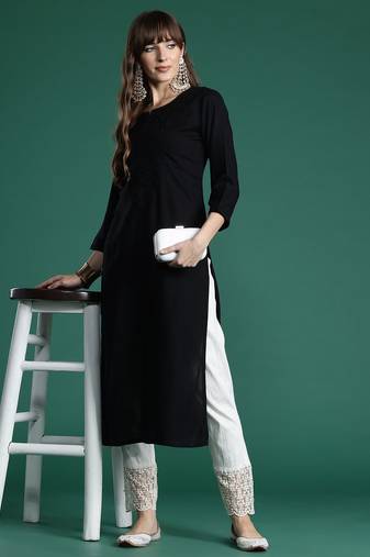 Black floral embroidered thread work kurta