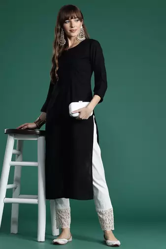 Black floral embroidered thread work kurta
