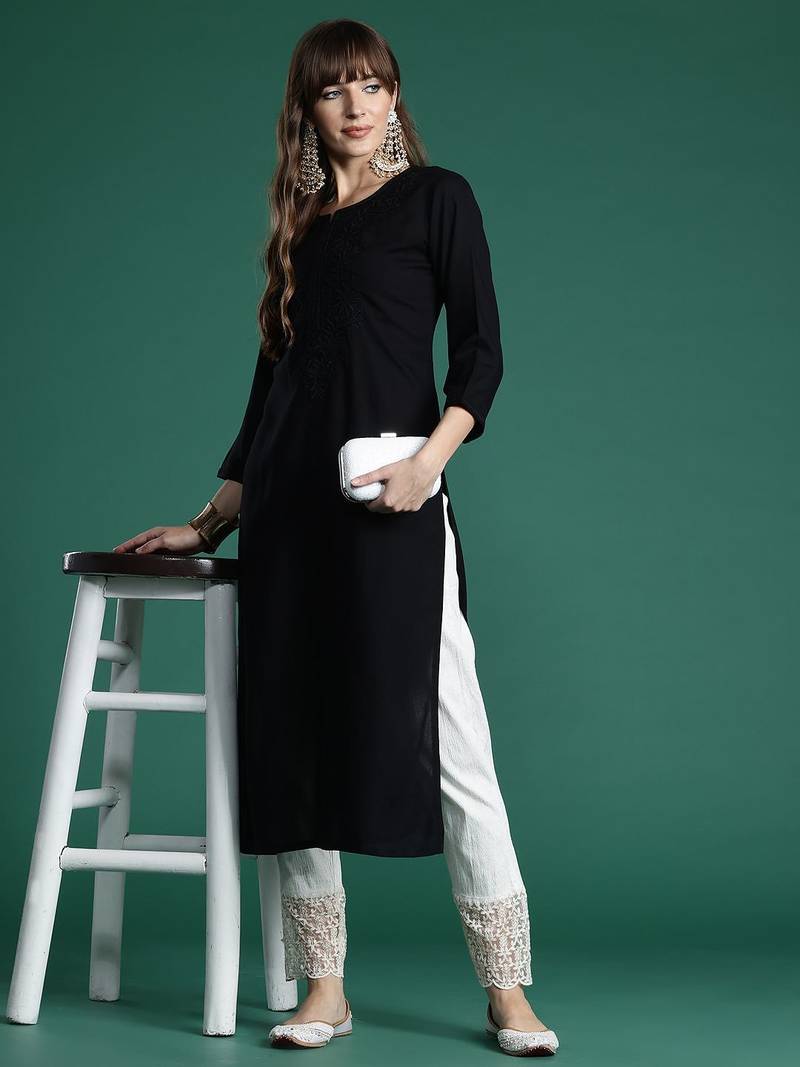 Black floral embroidered thread work kurta