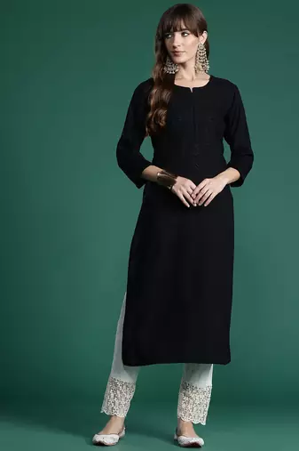Black floral embroidered thread work kurta
