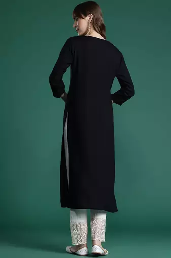 Black floral embroidered thread work kurta