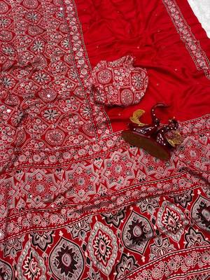 Red crepe embroidered saree with mirror work 1