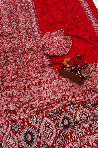 Red crepe embroidered saree with mirror work