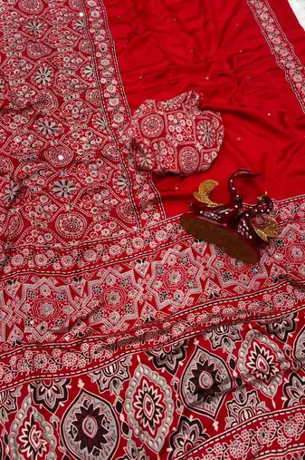 Red crepe embroidered saree with mirror work