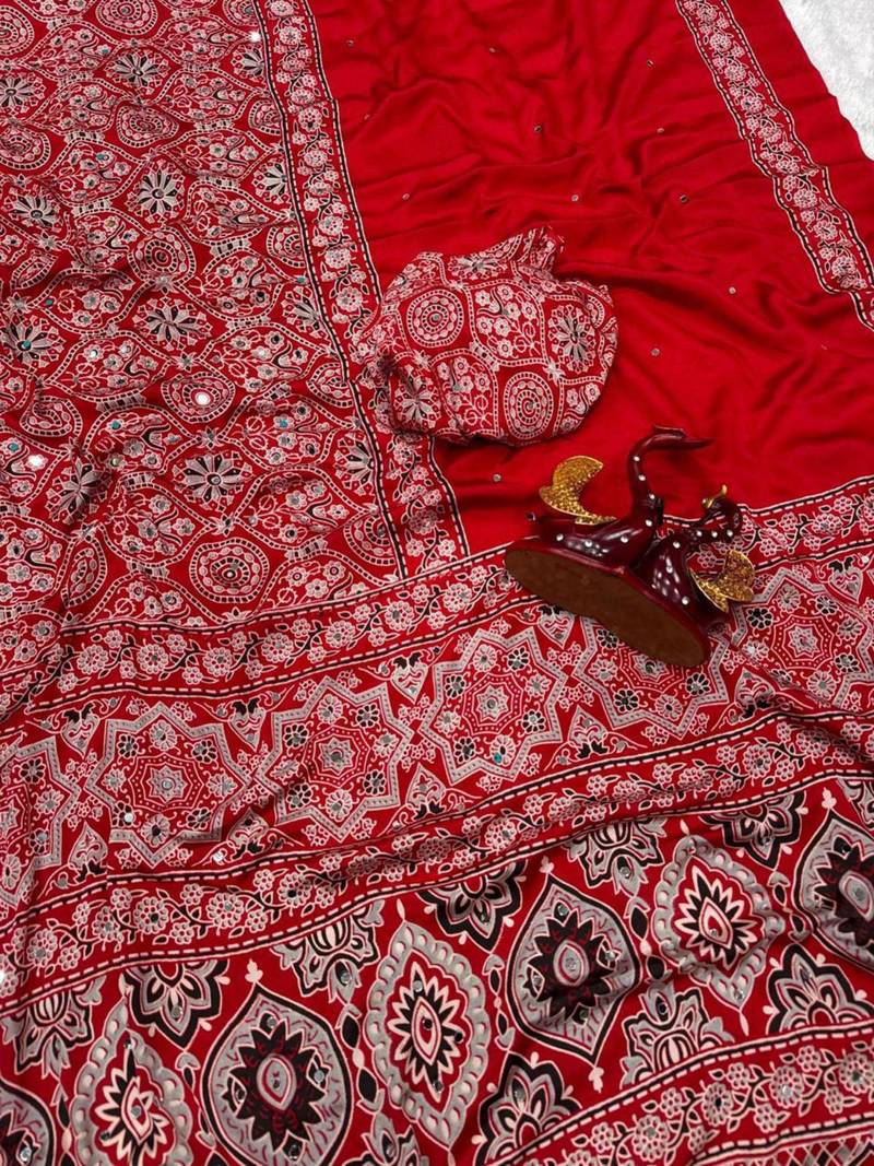 Red crepe embroidered saree with mirror work