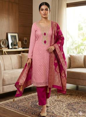 Pink color designer simmer butti fabric ceremonial partywear suit 1