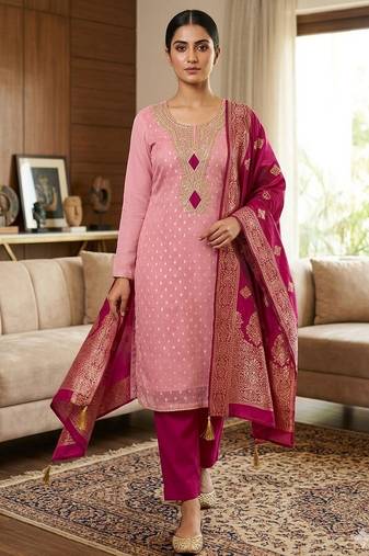 Pink color designer simmer butti fabric ceremonial partywear suit