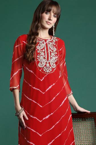 Red leheriya print zari & mirror embroidered straight georgette kurta
