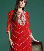 Red leheriya print zari & mirror embroidered straight georgette kurta
