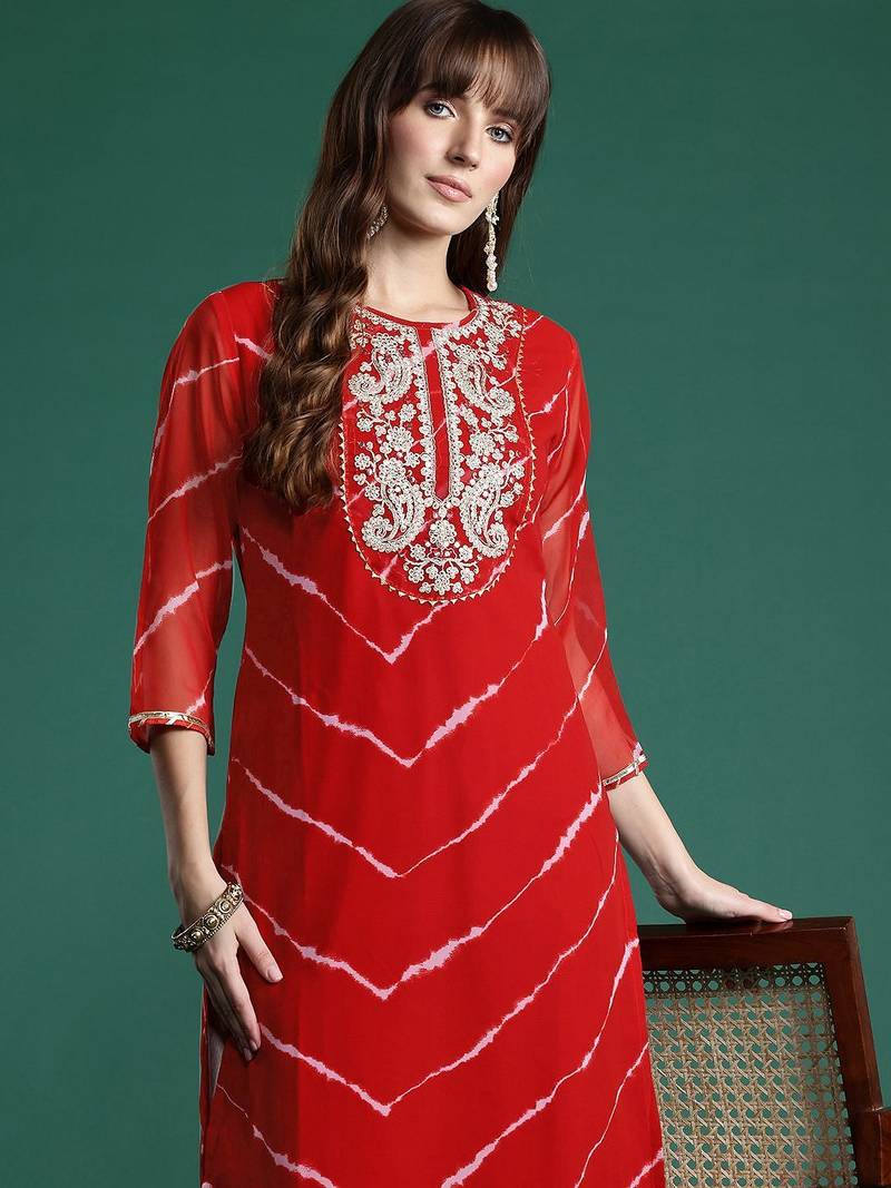 Red leheriya print zari & mirror embroidered straight georgette kurta