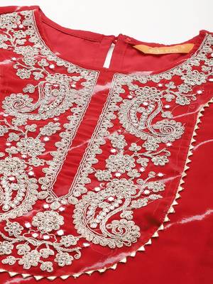 Red leheriya print zari & mirror embroidered straight georgette kurta 2