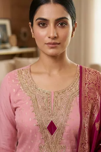 Pink color designer simmer butti fabric ceremonial partywear suit