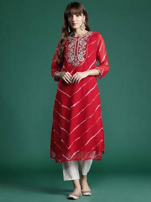 Red leheriya print zari & mirror embroidered straight georgette kurta 3