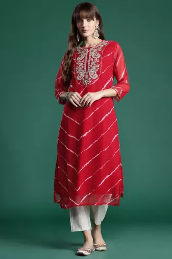 Red leheriya print zari & mirror embroidered straight georgette kurta