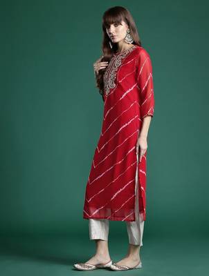 Red leheriya print zari & mirror embroidered straight georgette kurta 4
