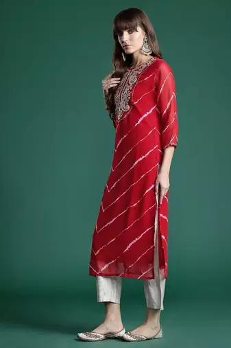 Red leheriya print zari & mirror embroidered straight georgette kurta