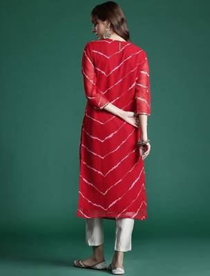 Red leheriya print zari & mirror embroidered straight georgette kurta 5