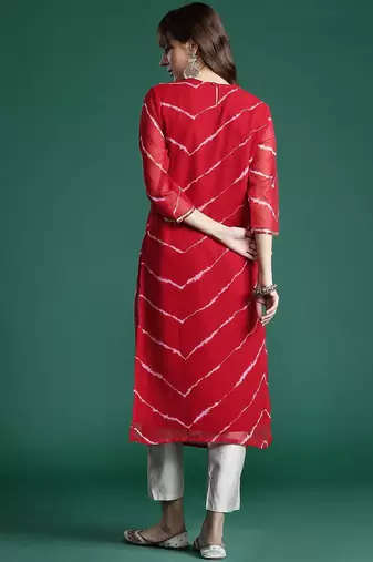 Red leheriya print zari & mirror embroidered straight georgette kurta