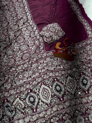 Wine crepe embroidered saree with mirror work 1