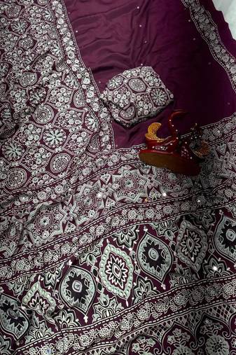 Wine crepe embroidered saree with mirror work
