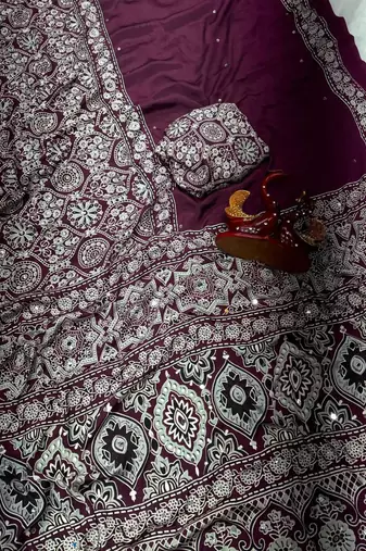 Wine crepe embroidered saree with mirror work