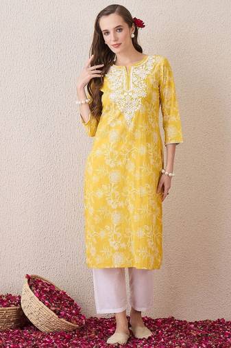 Yellow floral embroidered thread work cotton straight kurta