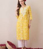 Yellow floral embroidered thread work cotton straight kurta