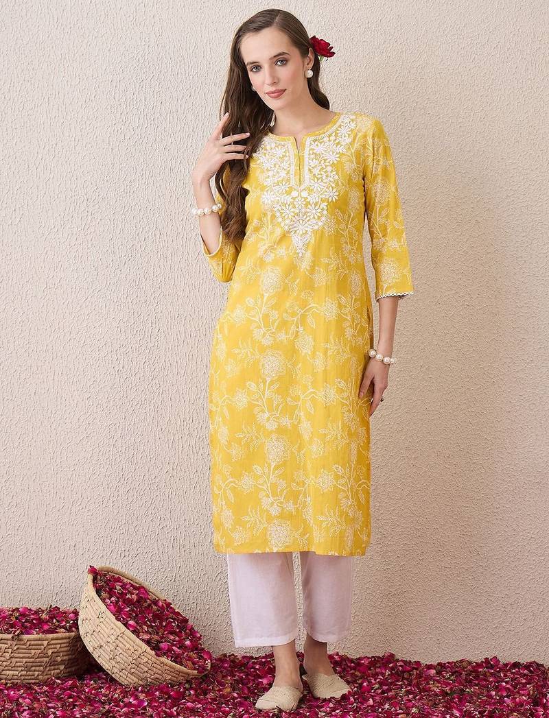 Yellow floral embroidered thread work cotton straight kurta