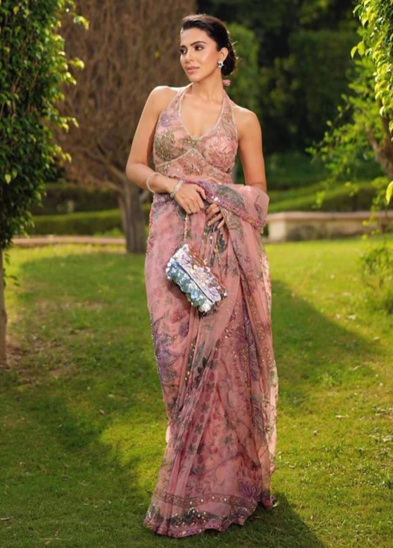 Pink silk blend embroidered saree with sequins work