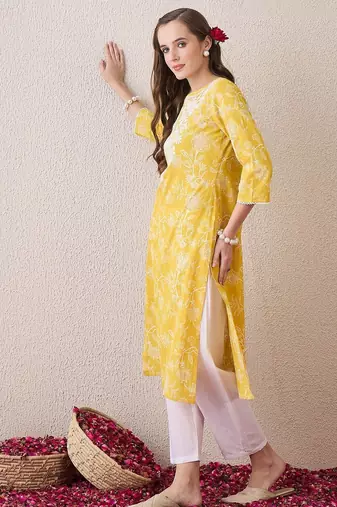 Yellow floral embroidered thread work cotton straight kurta