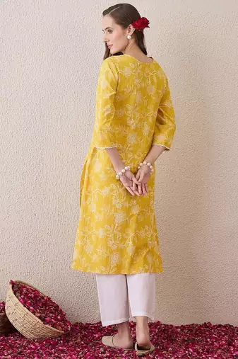 Yellow floral embroidered thread work cotton straight kurta