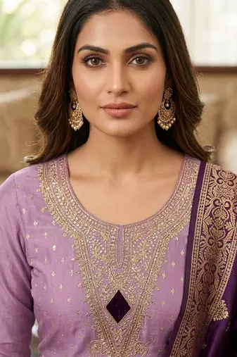 Lavender color designer simmer butti fabric ceremonial partywear suit