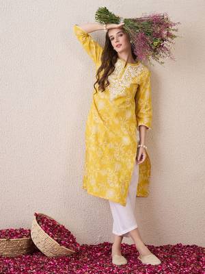 Yellow floral embroidered thread work cotton straight kurta 5