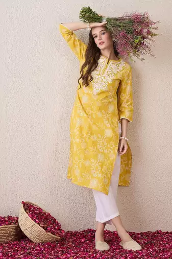Yellow floral embroidered thread work cotton straight kurta