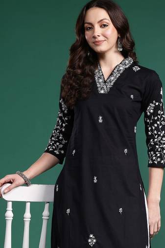 Black women floral embroidered thread work pure cotton kurta