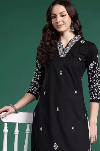 Black women floral embroidered thread work pure cotton kurta
