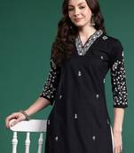 Black women floral embroidered thread work pure cotton kurta